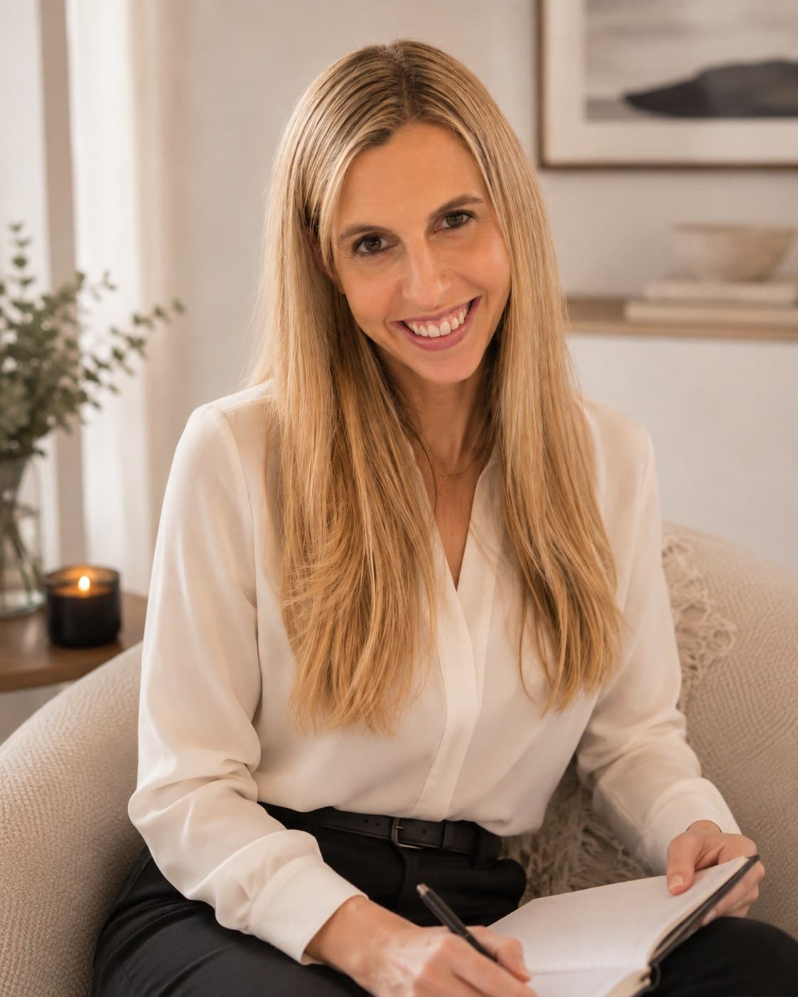 Lisa Bour seated in a warm office setting, founder and lead practitioner at Reason & Heart Counseling